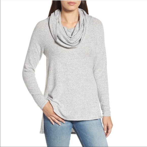 Gibson Convertible Cowl Neckline Cozy Tunic In Gray/Ivory Stripe Size Medium NWT - Picture 3 of 5